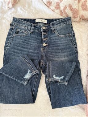 KanCan Dark Blue Button-Fly Distressed Boyfriend Jeans